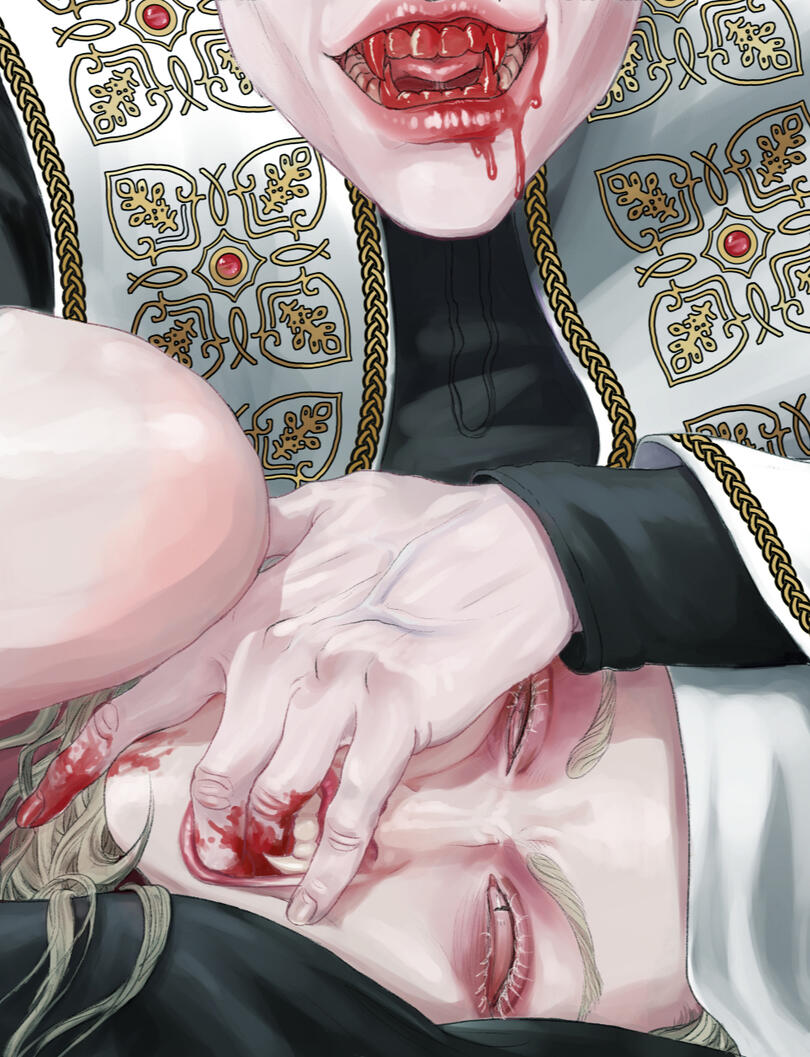 Art depicting a vampire wearing gold-embroidered robes forcing his bloody fingers into another vampire's mouth